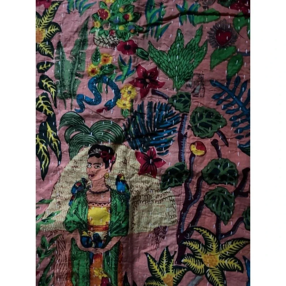 Peach Frida Kahlo boho cotton quilt‎ throw 90